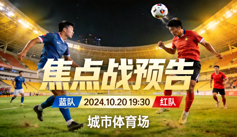 夜间体育场灯光下足球比赛焦点战预告主视觉海报